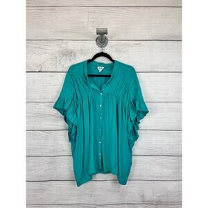 BiBi Women's Teal Button Up Ruffle Blouse Size XL